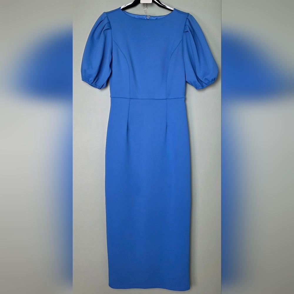 Lulus Simply Beloved Medium Blue Puff Sleeve Bodycon Midi Dress, Size Medium - Picture 6 of 11